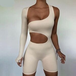 One-Shoulder Cutout Beige Romper